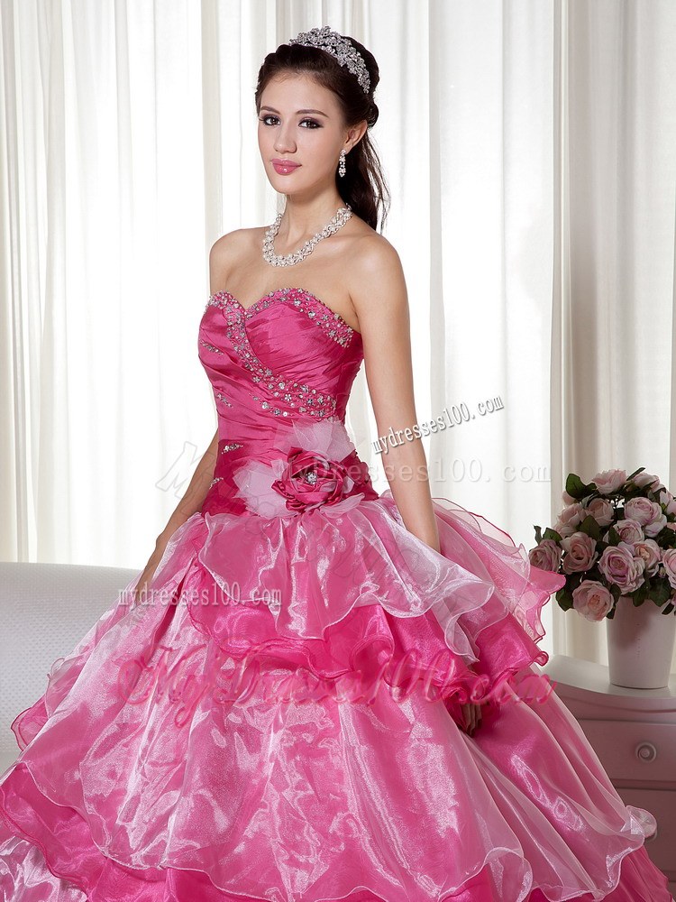 Beading and Flower Decorate Hot Pink Dress 15 of Layered Organza