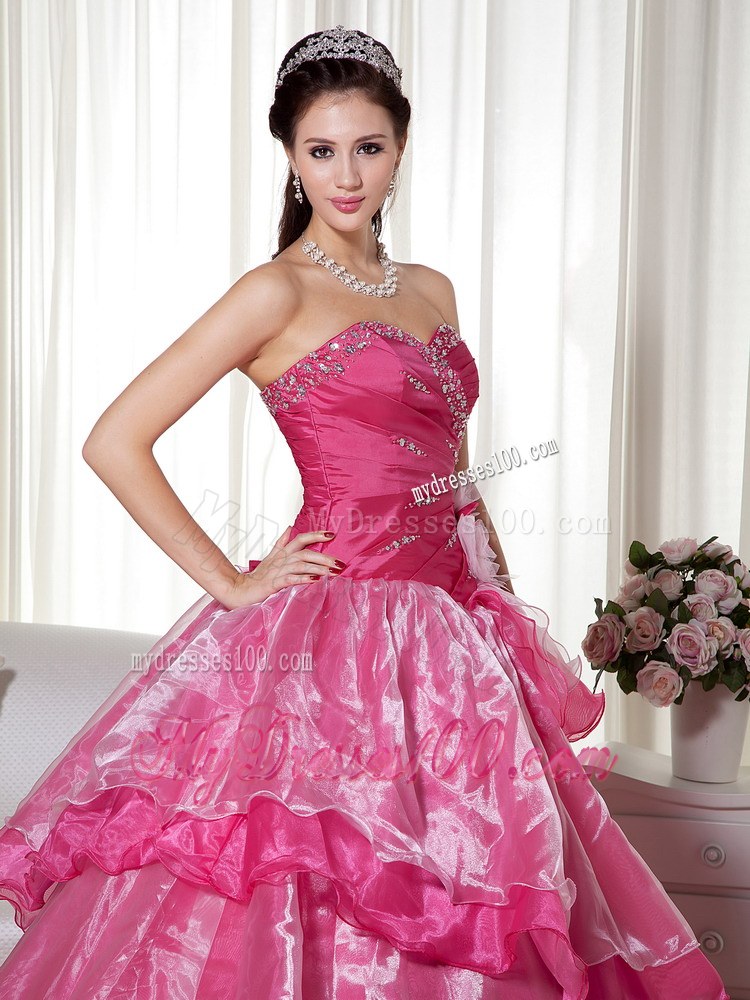 Beading and Flower Decorate Hot Pink Dress 15 of Layered Organza