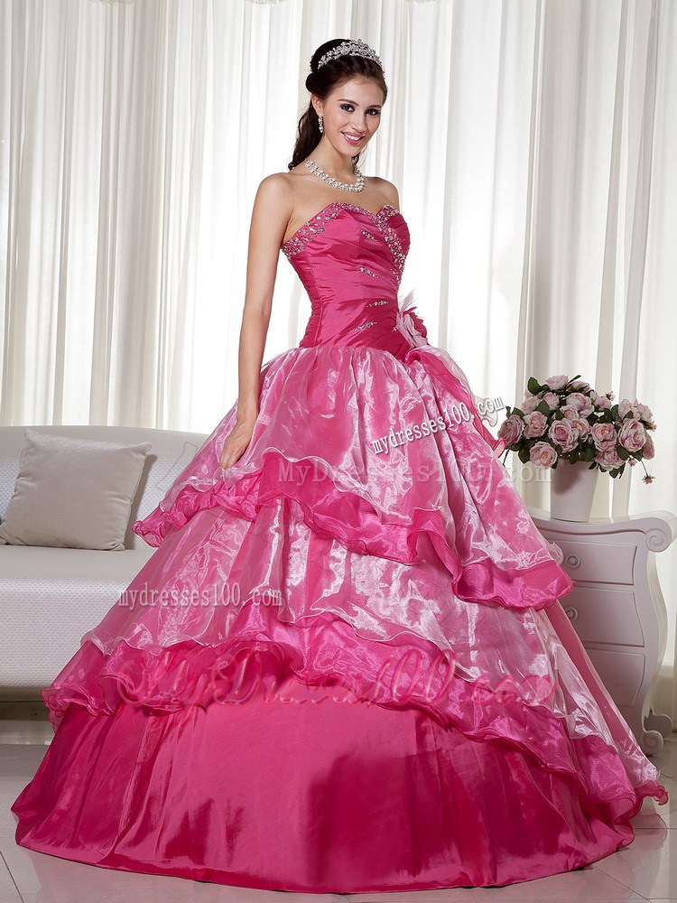 Beading and Flower Decorate Hot Pink Dress 15 of Layered Organza