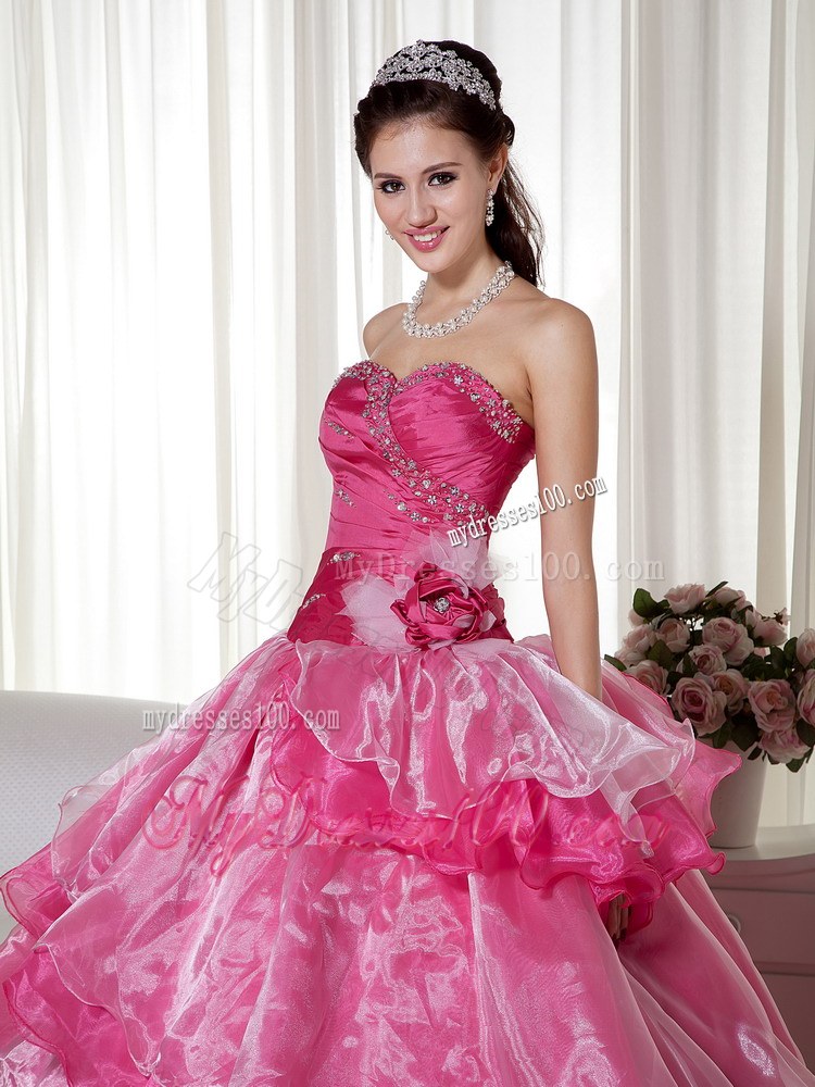 Beading and Flower Decorate Hot Pink Dress 15 of Layered Organza