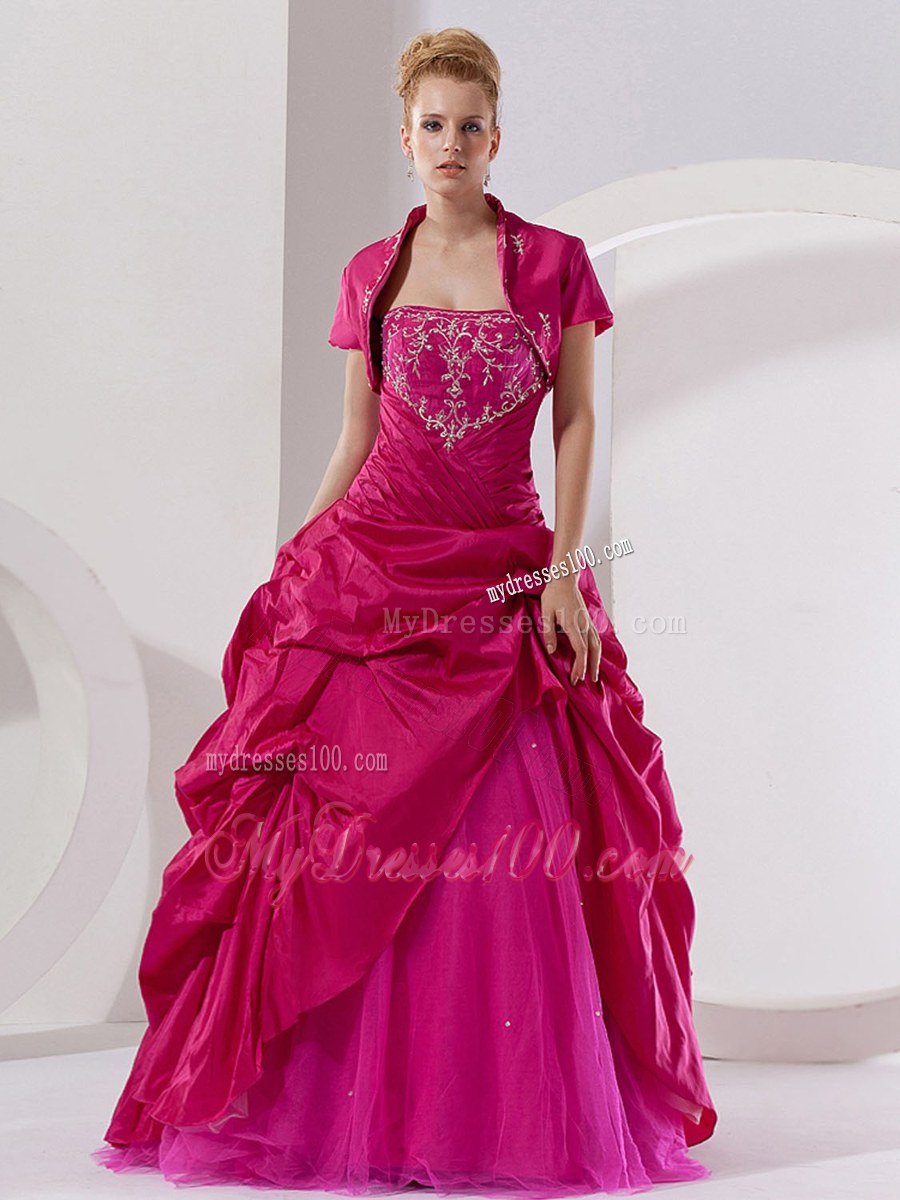 Hot Pink Taffeta with Embroidery A-line Strapless Quince Dress