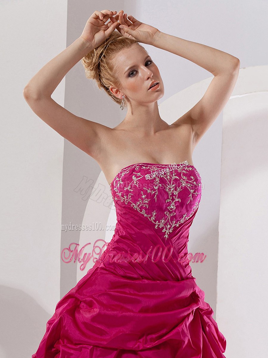 Hot Pink Taffeta with Embroidery A-line Strapless Quince Dress