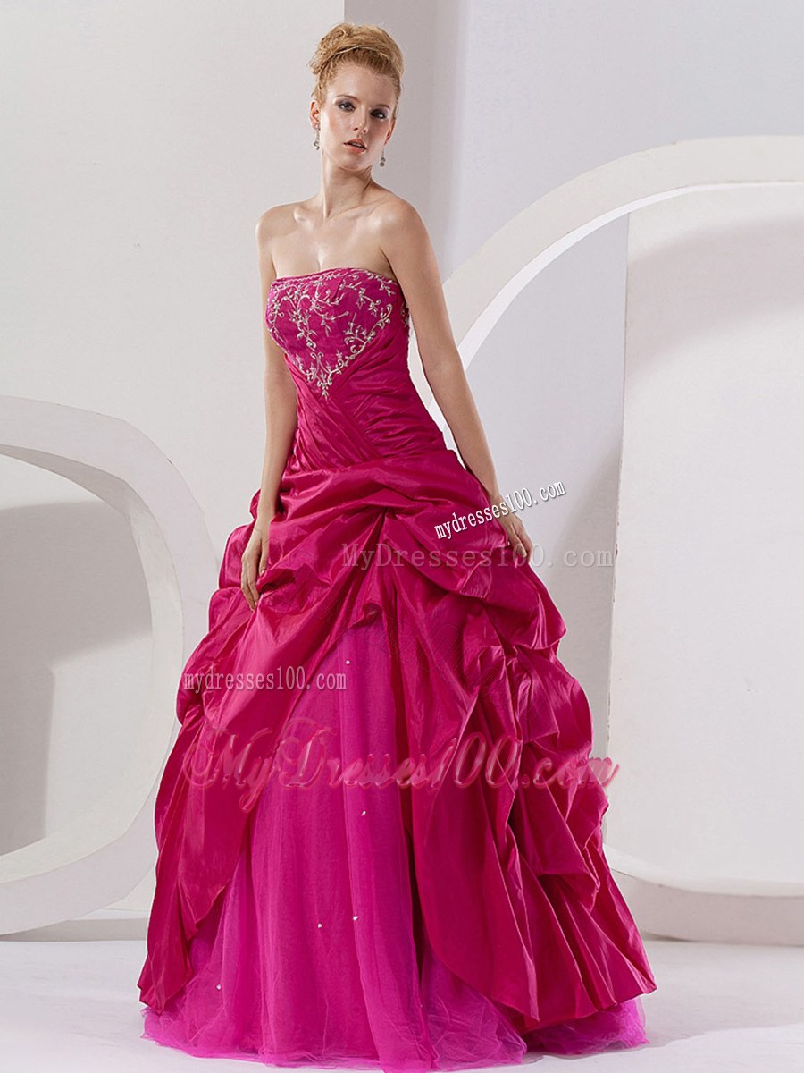 Hot Pink Taffeta with Embroidery A-line Strapless Quince Dress