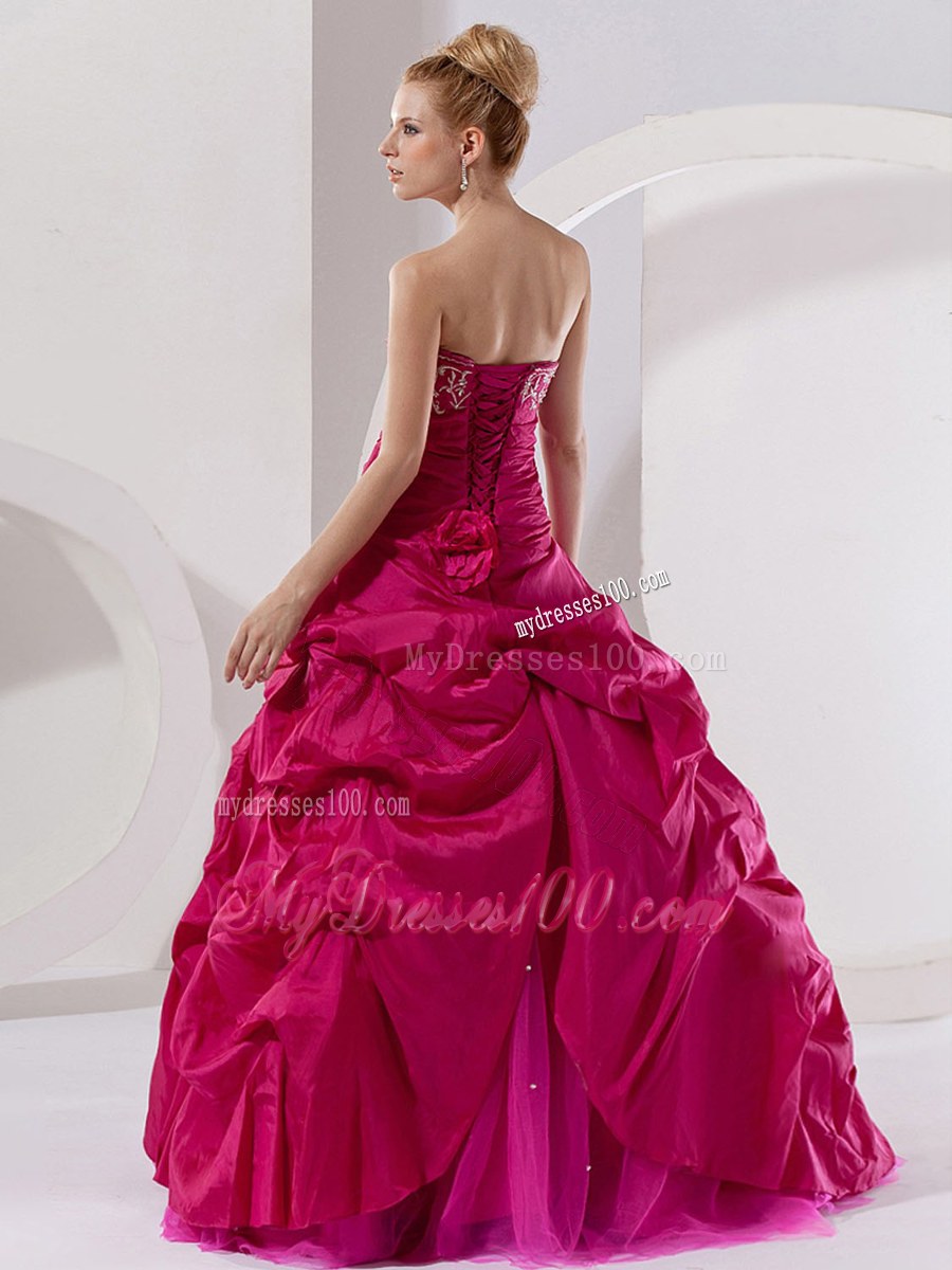 Hot Pink Taffeta with Embroidery A-line Strapless Quince Dress