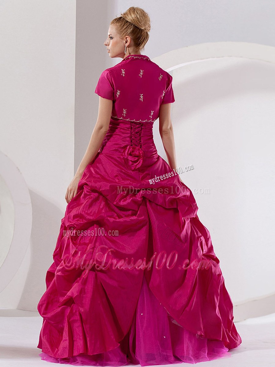 Hot Pink Taffeta with Embroidery A-line Strapless Quince Dress