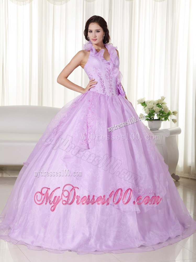 Halter Flowery V-neck Beaded Lavender Quinceanera Dress for 2013