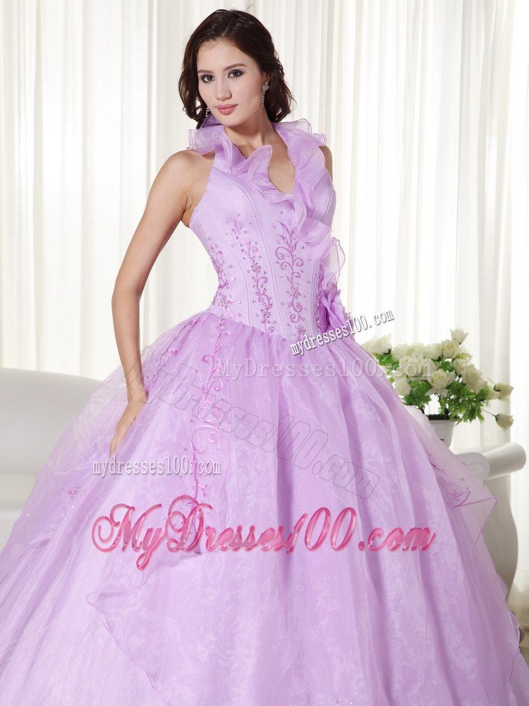 Halter Flowery V-neck Beaded Lavender Quinceanera Dress for 2013