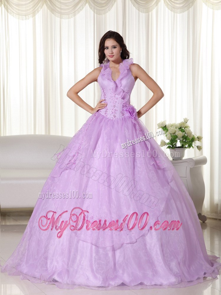 Halter Flowery V-neck Beaded Lavender Quinceanera Dress for 2013
