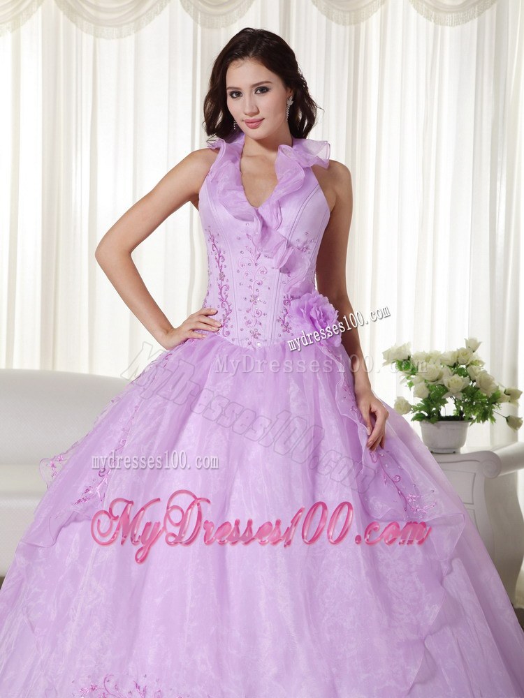 Halter Flowery V-neck Beaded Lavender Quinceanera Dress for 2013