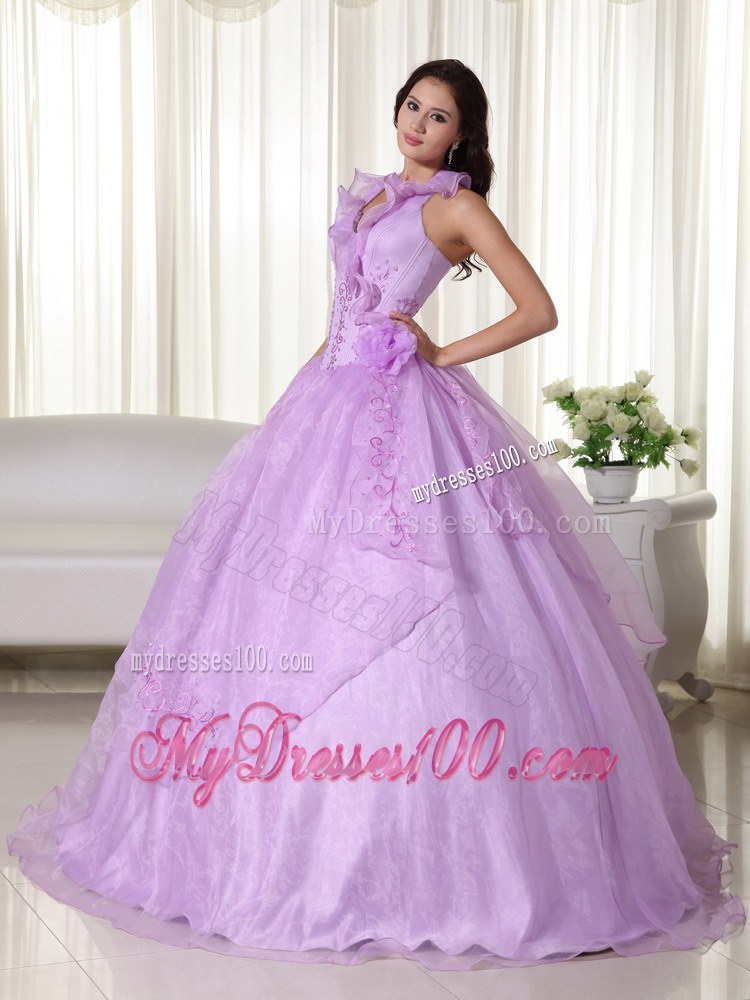 Halter Flowery V-neck Beaded Lavender Quinceanera Dress for 2013