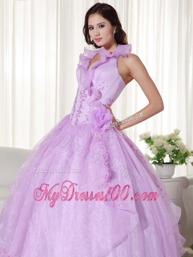Halter Flowery V-neck Beaded Lavender Quinceanera Dress for 2013