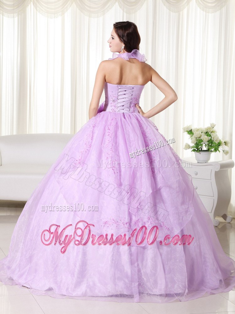 Halter Flowery V-neck Beaded Lavender Quinceanera Dress for 2013