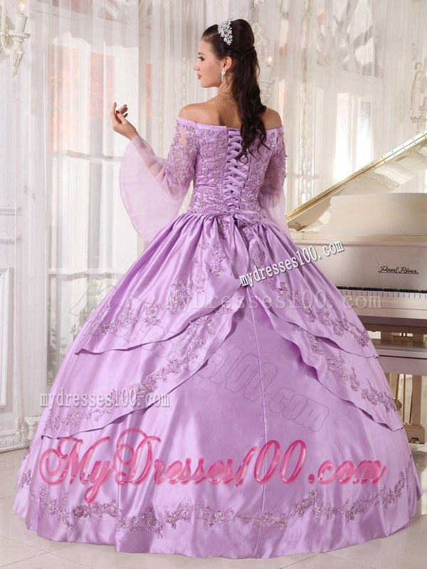 Lavender Off Shoulder Long Sleeves Appliques Quinceanera Gown