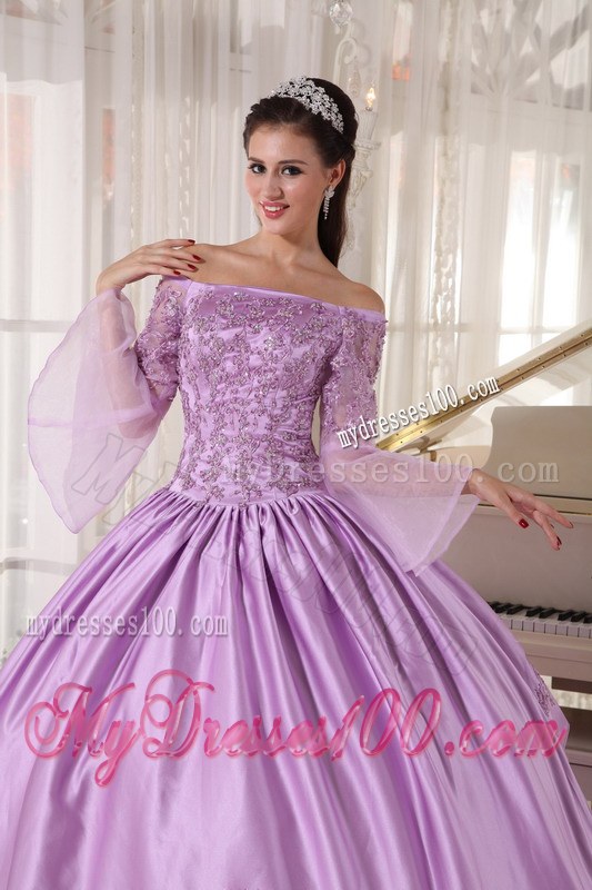 Lavender Off Shoulder Long Sleeves Appliques Quinceanera Gown