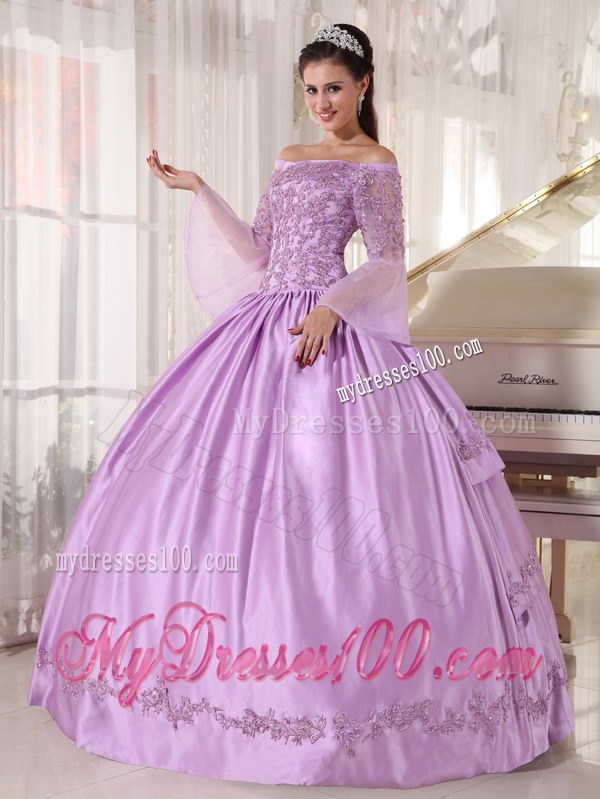Lavender Off Shoulder Long Sleeves Appliques Quinceanera Gown