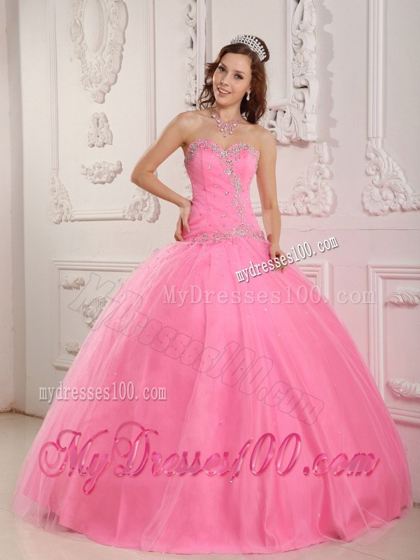 Lovely Rose Pink Sweetheart Long Tulle Appliques Sweet 16 Dresses