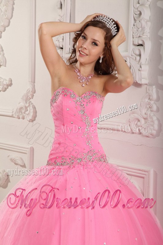 Lovely Rose Pink Sweetheart Long Tulle Appliques Sweet 16 Dresses