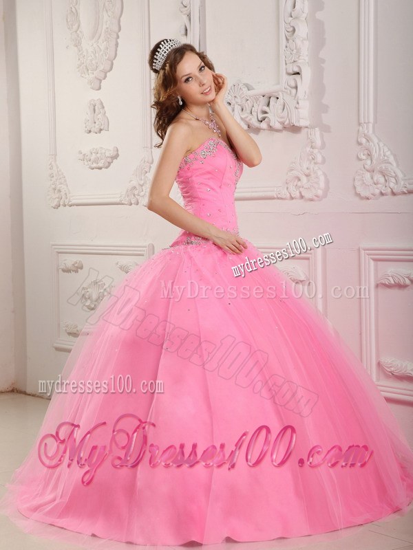 Lovely Rose Pink Sweetheart Long Tulle Appliques Sweet 16 Dresses