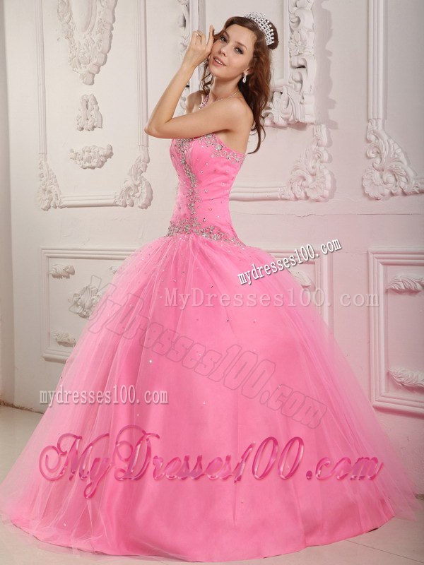 Lovely Rose Pink Sweetheart Long Tulle Appliques Sweet 16 Dresses