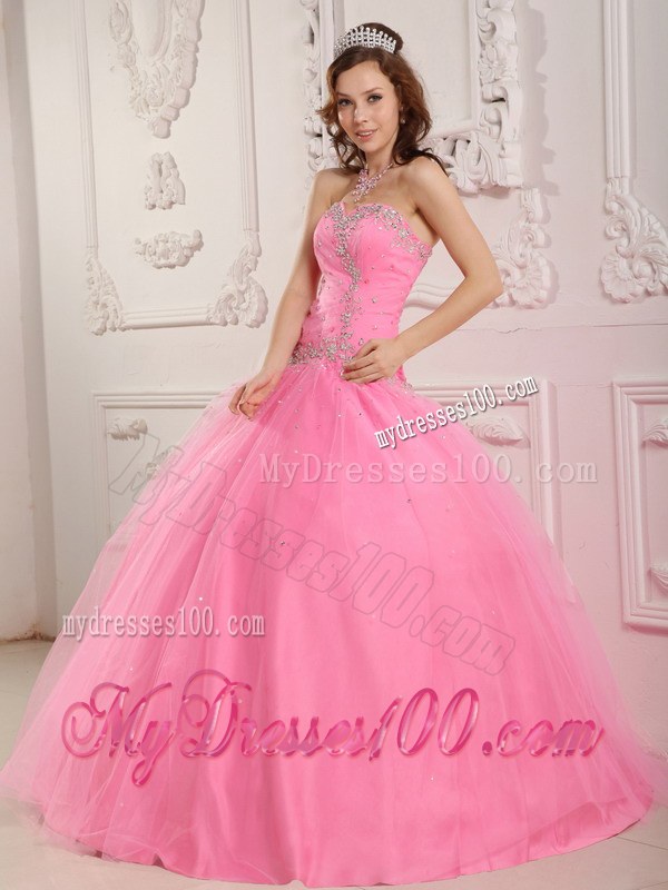 Lovely Rose Pink Sweetheart Long Tulle Appliques Sweet 16 Dresses