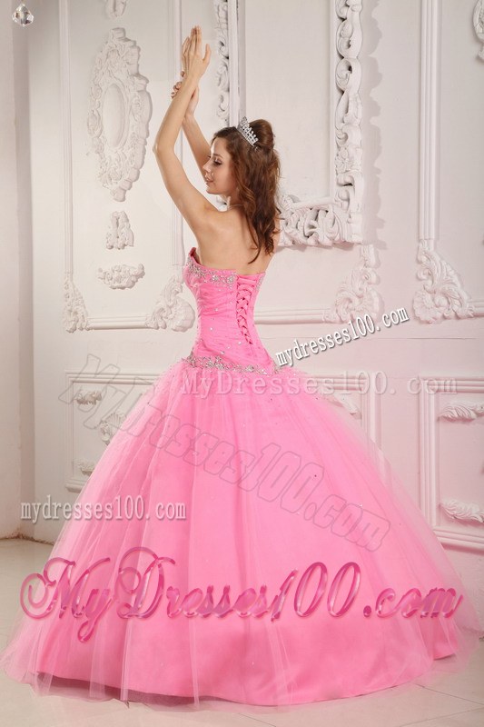 Lovely Rose Pink Sweetheart Long Tulle Appliques Sweet 16 Dresses