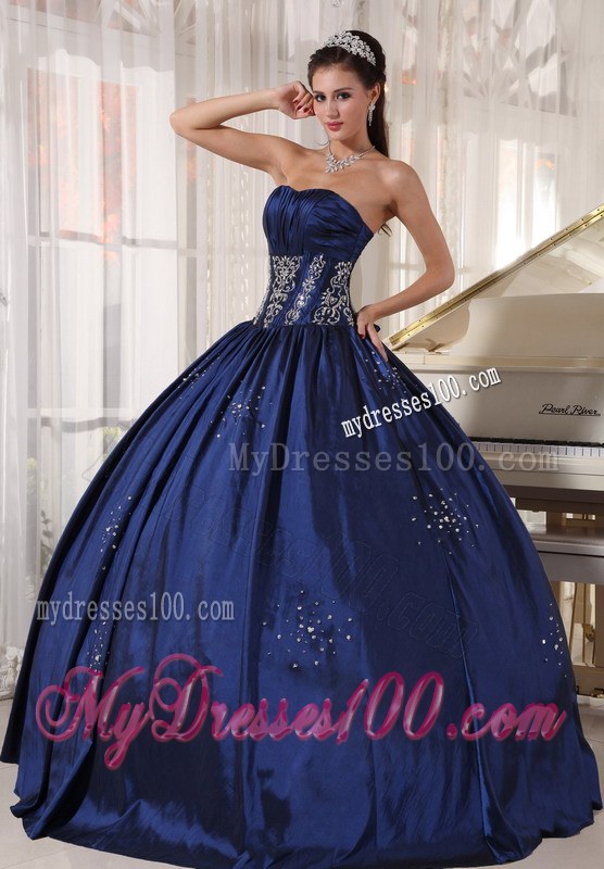 Navy Strapless Floor-length Embroidery and BeaeAd Quince Dress