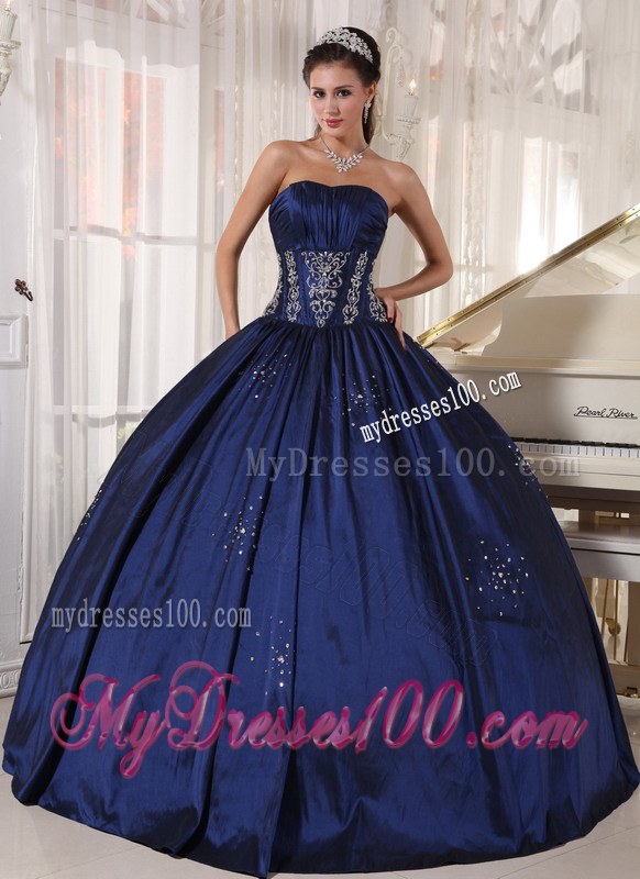 Navy Strapless Floor-length Embroidery and BeaeAd Quince Dress