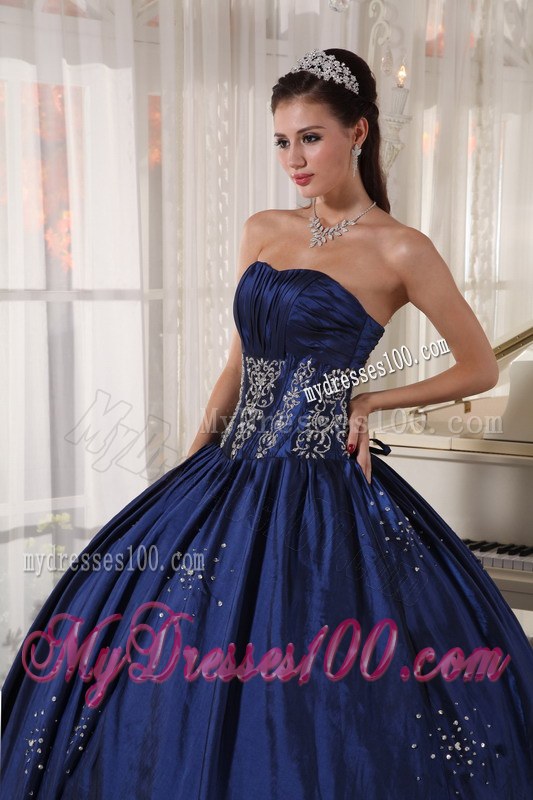 Navy Strapless Floor-length Embroidery and BeaeAd Quince Dress