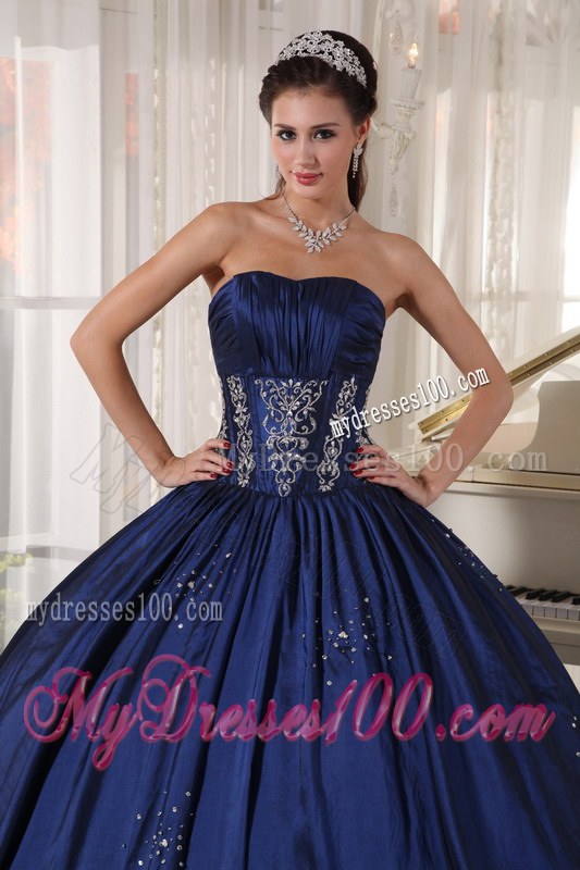 Navy Strapless Floor-length Embroidery and BeaeAd Quince Dress