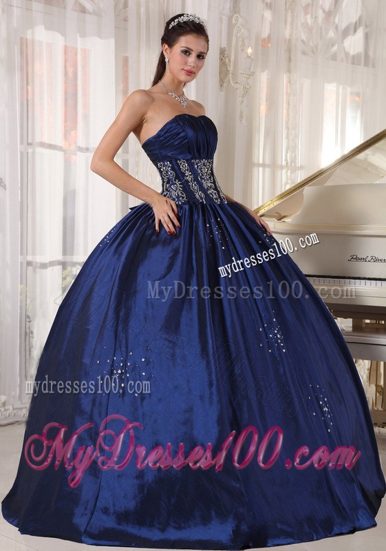 Navy Strapless Floor-length Embroidery and BeaeAd Quince Dress