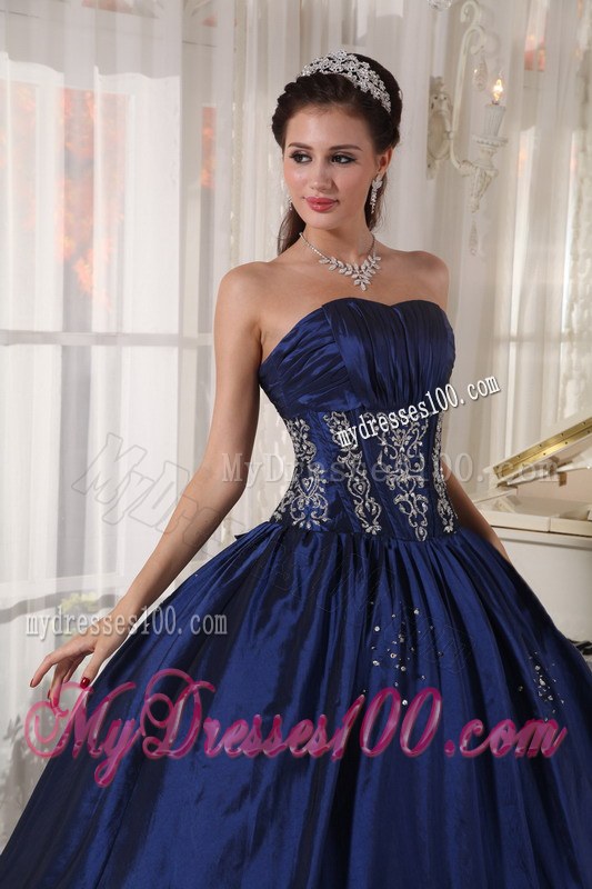 Navy Strapless Floor-length Embroidery and BeaeAd Quince Dress