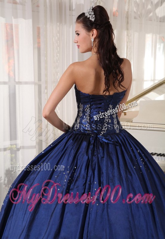 Navy Strapless Floor-length Embroidery and BeaeAd Quince Dress