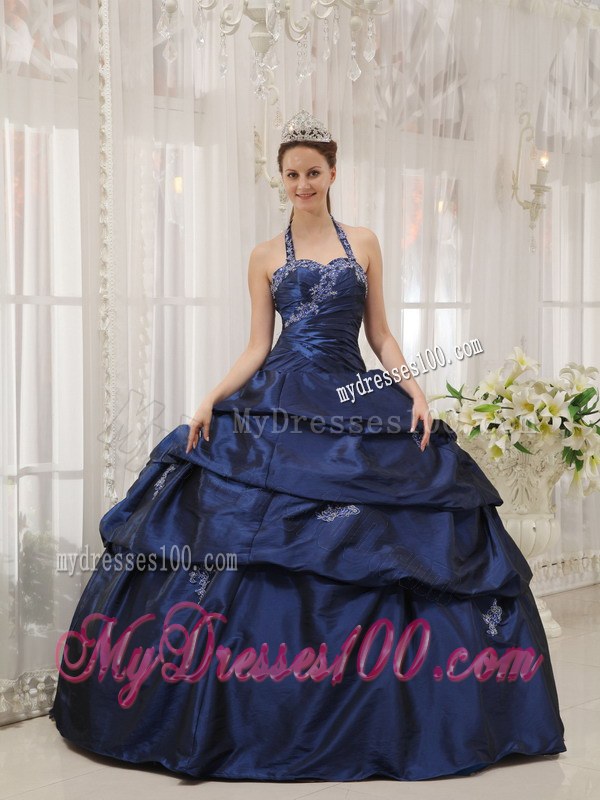 Navy Blue Ball Gown Halter Top Floor-length Appliques Taffeta Sweet 15 Dresses