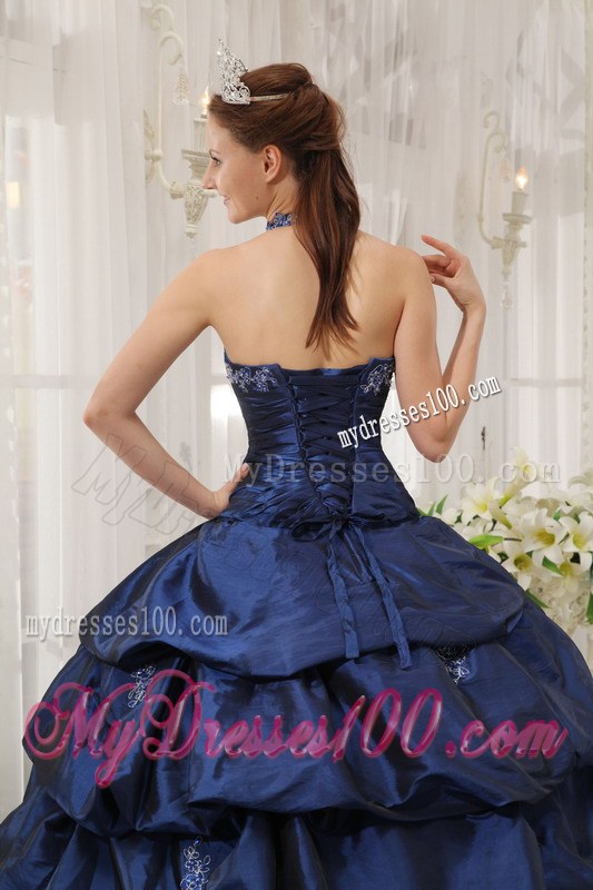 Navy Blue Ball Gown Halter Top Floor-length Appliques Taffeta Sweet 15 Dresses