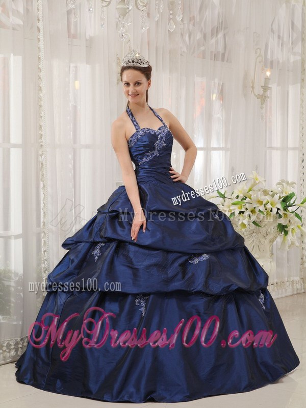 Navy Blue Ball Gown Halter Top Floor-length Appliques Taffeta Sweet 15 Dresses