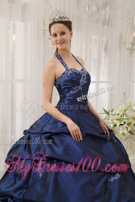 Navy Blue Ball Gown Halter Top Floor-length Appliques Taffeta Sweet 15 Dresses
