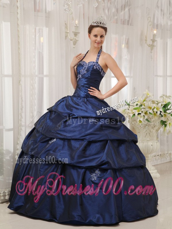 Navy Blue Ball Gown Halter Top Floor-length Appliques Taffeta Sweet 15 Dresses