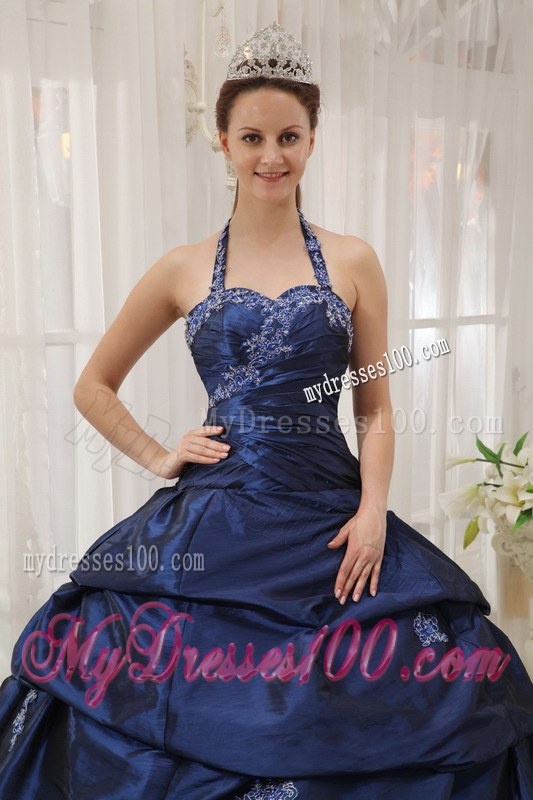 Navy Blue Ball Gown Halter Top Floor-length Appliques Taffeta Sweet 15 Dresses