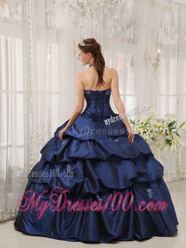 Navy Blue Ball Gown Halter Top Floor-length Appliques Taffeta Sweet 15 Dresses