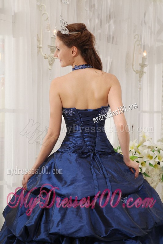 Navy Blue Ball Gown Halter Top Floor-length Appliques Taffeta Sweet 15 Dresses