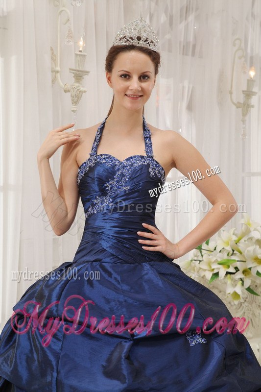 Navy Blue Ball Gown Halter Top Floor-length Appliques Taffeta Sweet 15 Dresses