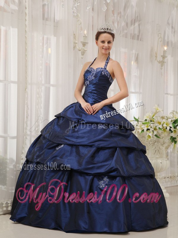 Navy Blue Ball Gown Halter Top Floor-length Appliques Taffeta Sweet 15 Dresses