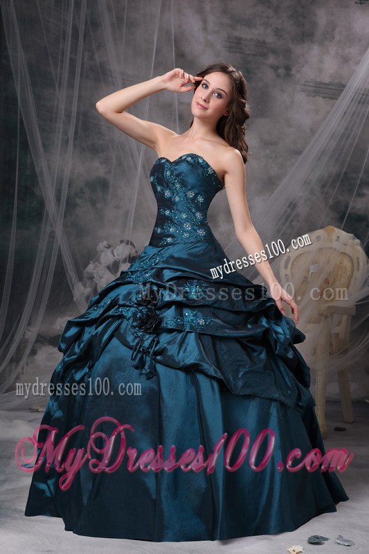 Navy Sweetheart Appliques and Hand Flowers Quince Dress