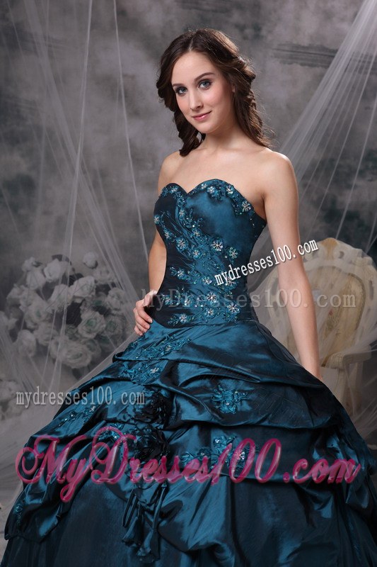 Navy Sweetheart Appliques and Hand Flowers Quince Dress