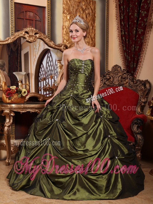 Beaded Olivaceous Ball Gown Quinceanera Dress with Pick-ups