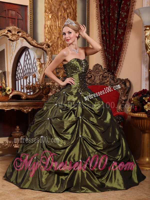 Beaded Olivaceous Ball Gown Quinceanera Dress with Pick-ups