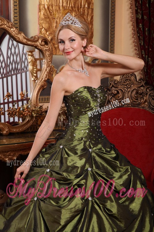 Beaded Olivaceous Ball Gown Quinceanera Dress with Pick-ups
