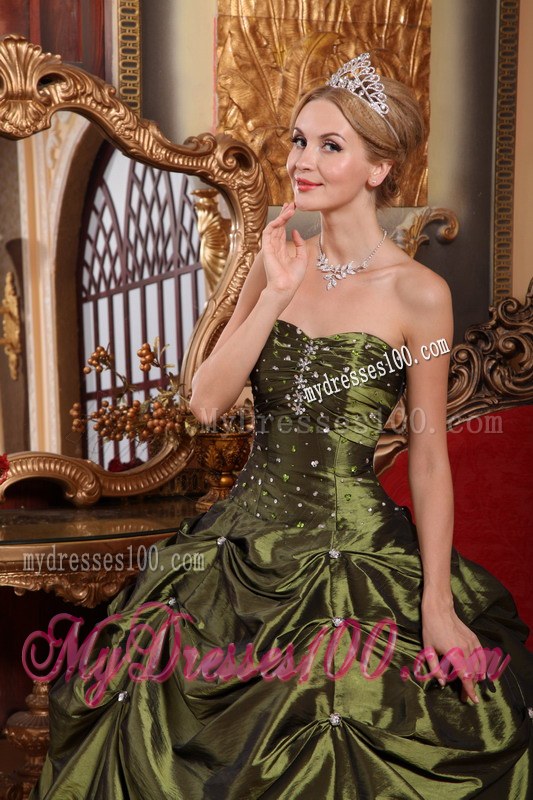 Beaded Olivaceous Ball Gown Quinceanera Dress with Pick-ups