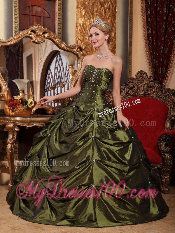 Beaded Olivaceous Ball Gown Quinceanera Dress with Pick-ups