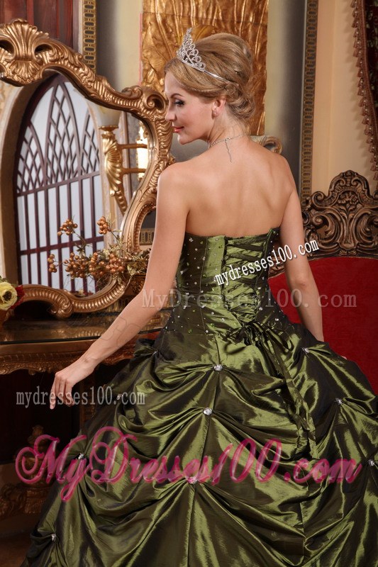 Beaded Olivaceous Ball Gown Quinceanera Dress with Pick-ups